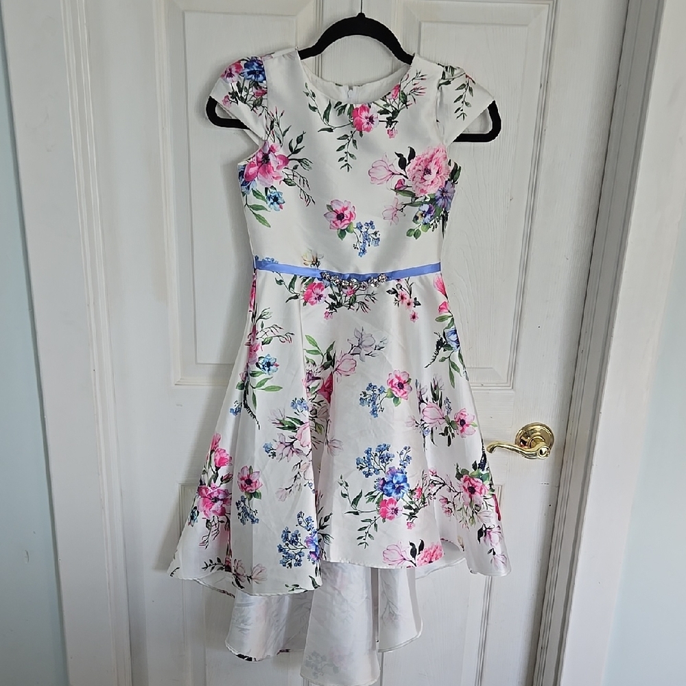 Floral Youth Dress - White with Pink and Blue Accents